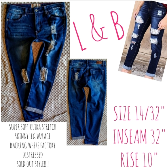 L&B Denim - L & B Jeans Size 14 Skinny Leg Lace Back Distress